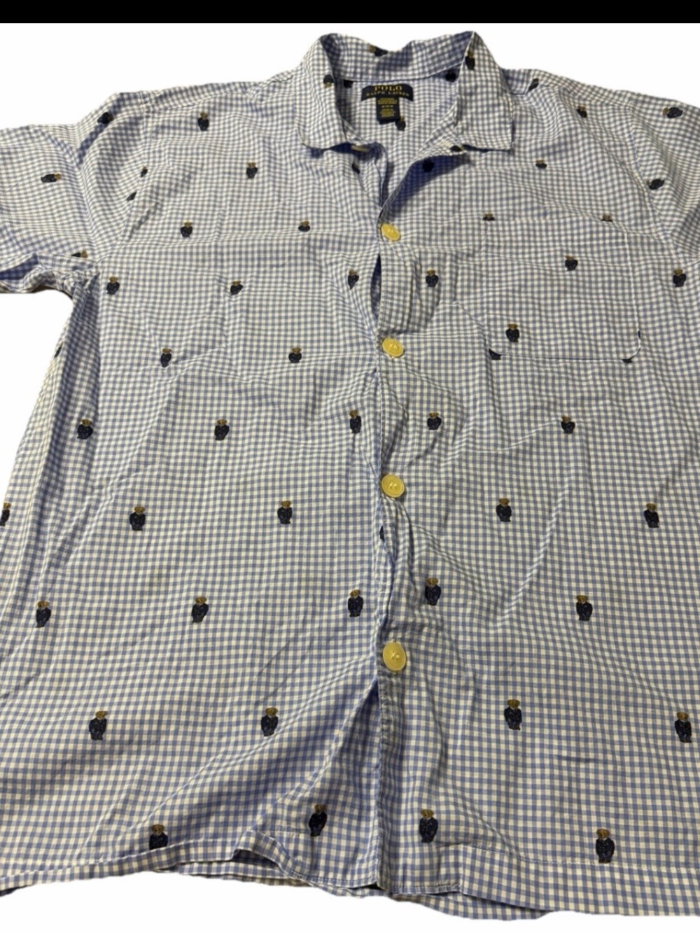 Polo by Ralph Lauren Blue Gingham Short Sleeve Embroidered Button-Down with Bear